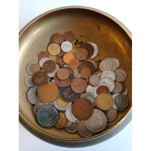 306 - Heavy Brass Bowl with Mixed County Coins