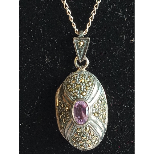 117 - Silver, Amethyst  & Marcasite Locket And Chain