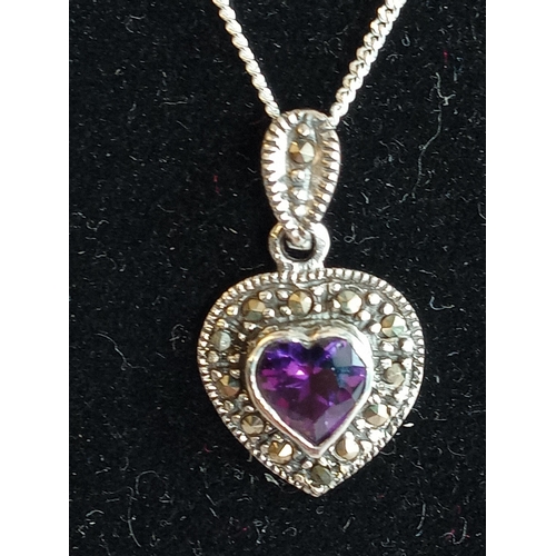 124 - Silver, Amethyst & Marcasite Pendant with Necklace