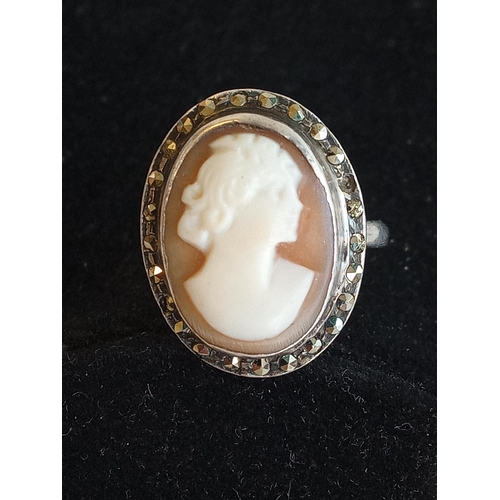 181 - Silver Edwardian & Marcasite Ring with Cameo Ring, size I