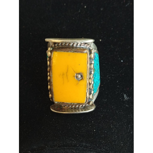 202 - Indian Silver Ring with Yellow & Terqoise Stones, size S