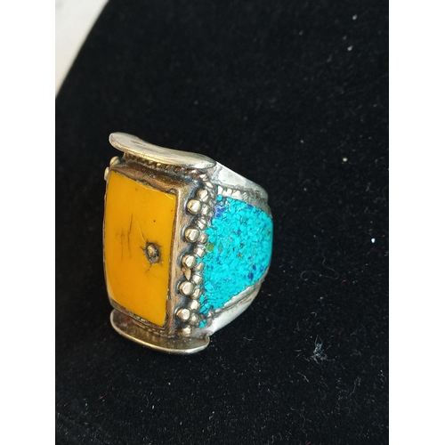 202 - Indian Silver Ring with Yellow & Terqoise Stones, size S