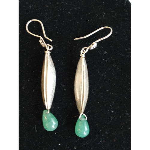 206 - Silver & Green Stone Droplet Ear Rings