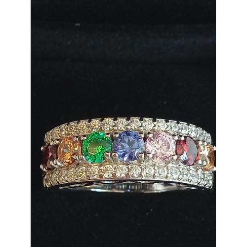 11 - Ladies Silver & Multi Colour Stone Ring,Size O