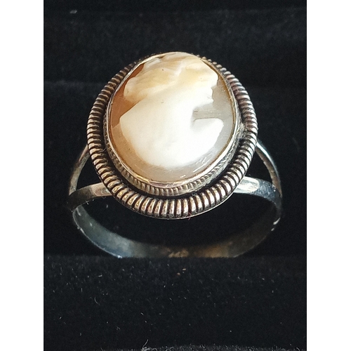 13 - Ladies Silver Cameo Ring Size M 1/2