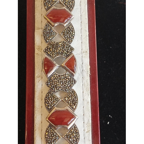 54 - Silver with Carnelian & Marcasite Bracelet