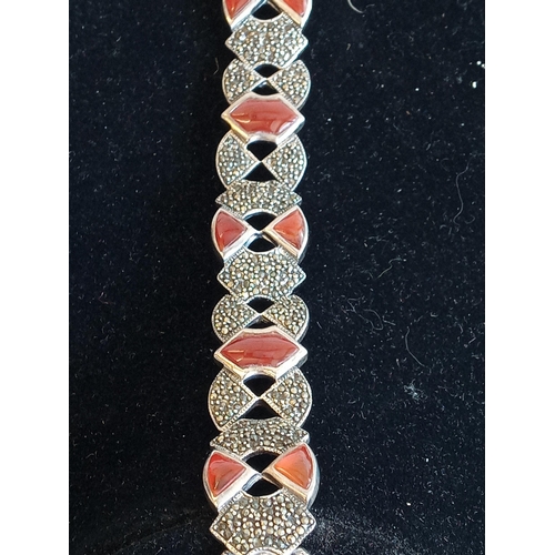 54 - Silver with Carnelian & Marcasite Bracelet