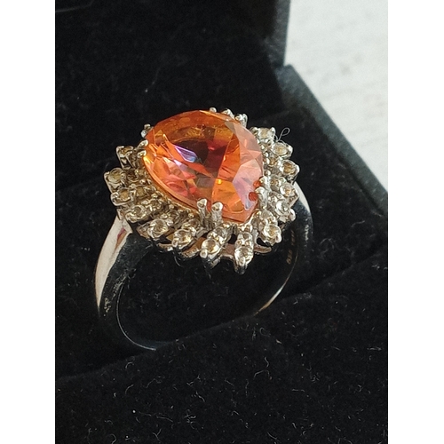 114 - Lovely Ladies Silver Ring with Orange & Clear Stones, size R 1/2