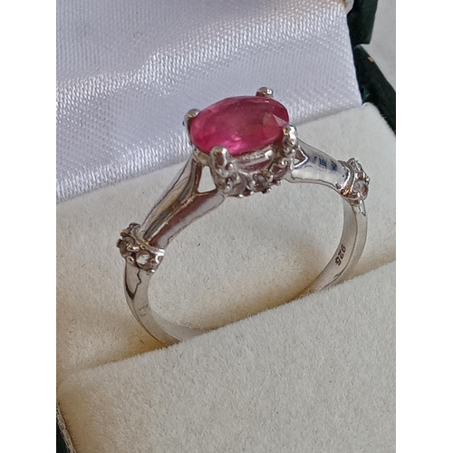 130 - Ladies Silver & Pink Stone Ring, size R 1/2