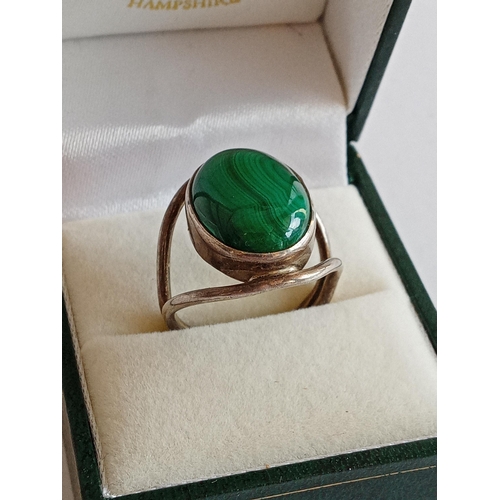 158 - Silver & Malachite Ring, size P 1/2