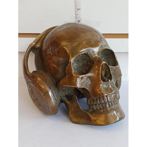 218 - Very Heavy Solid Bronze Skull with Headphones