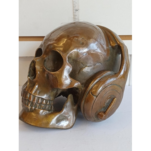 218 - Very Heavy Solid Bronze Skull with Headphones