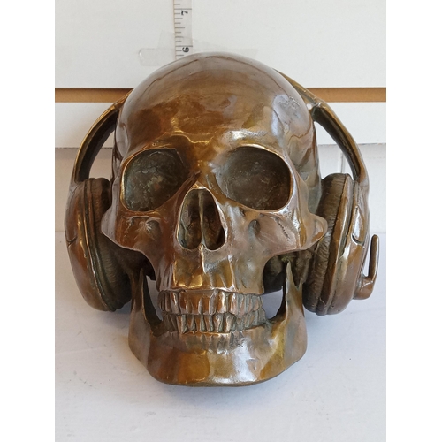 218 - Very Heavy Solid Bronze Skull with Headphones