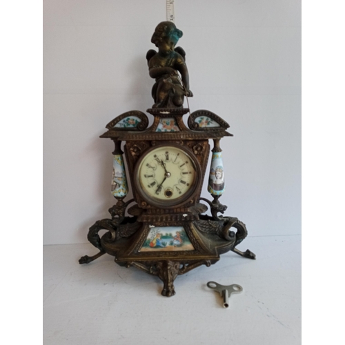 116 - Antique Mantle Clock with Enamel Panels & Key