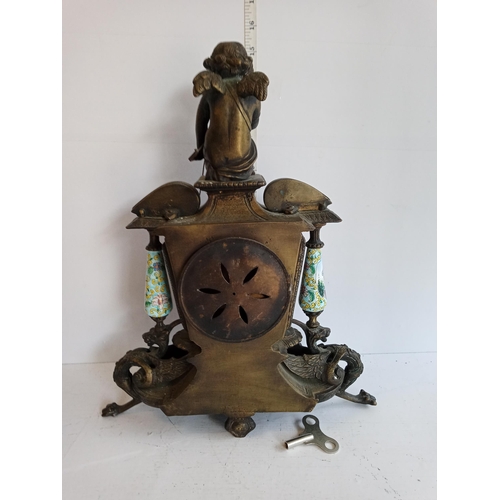 116 - Antique Mantle Clock with Enamel Panels & Key