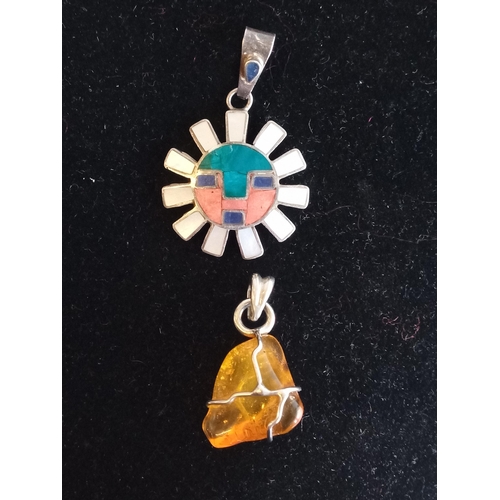 174 - 2 Pendants, Silver & Enamel and 1 Amber