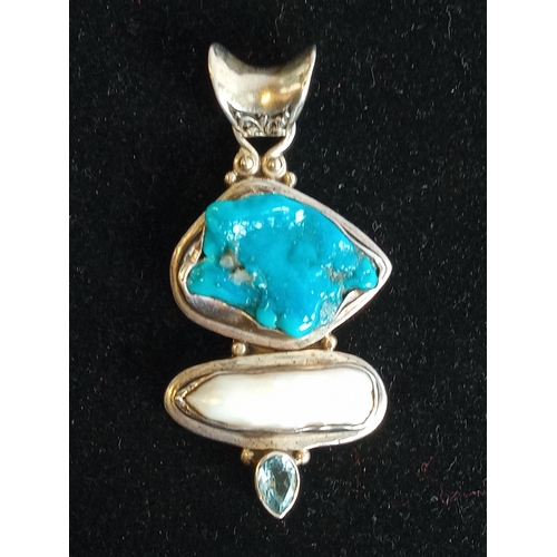 3 - Quality Silver Pendant set with Turquoise and Abalone