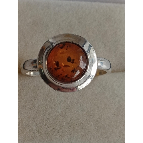 395 - Silver & Amber Ring, size O