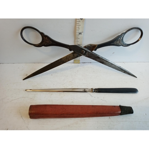 133 - Victorian Quality Damask Design Travelling Desk Scissors & Letter Opener.