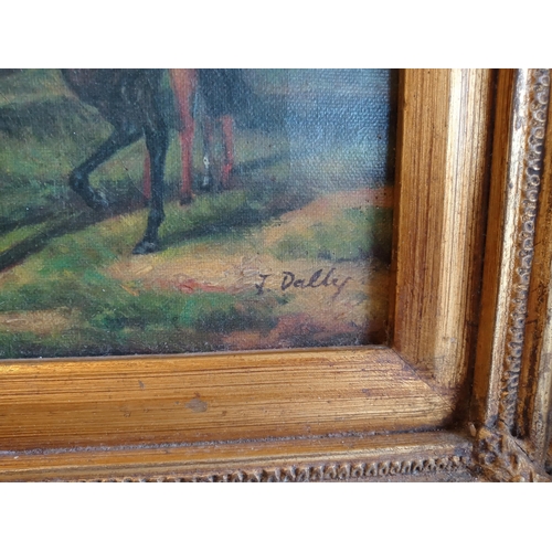 128 - Vintage Guilt Frame Oil on Canvas Painting of Jockey Mounting Horse, signed J Dally