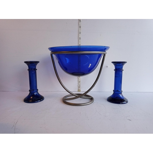 178 - Blue Glass Bowl & Candle Sticks