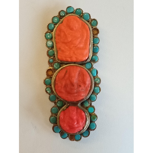 21 - Turquoise & Red Stone Brooch, slight stone missing