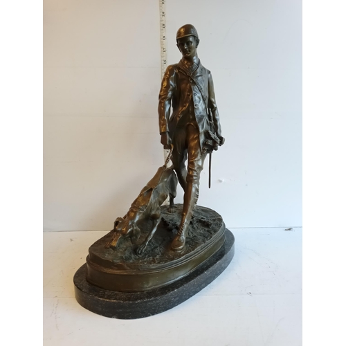 306 - Signed Heavy Bronze Hunter & Dog Figure on Marble Base, Lovely Piece