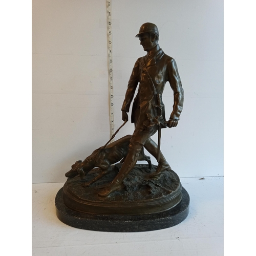 306 - Signed Heavy Bronze Hunter & Dog Figure on Marble Base, Lovely Piece