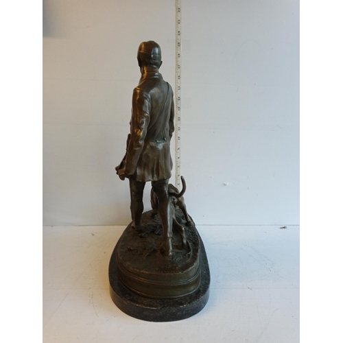 306 - Signed Heavy Bronze Hunter & Dog Figure on Marble Base, Lovely Piece