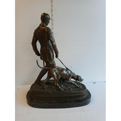 306 - Signed Heavy Bronze Hunter & Dog Figure on Marble Base, Lovely Piece