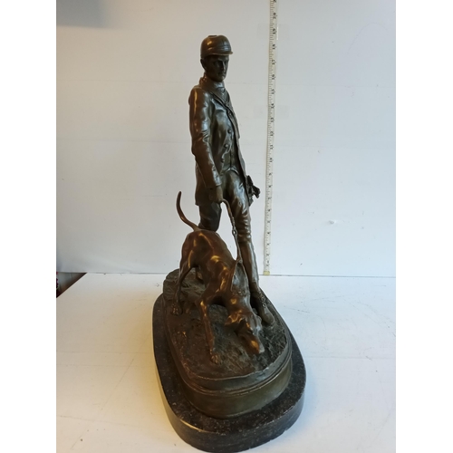 306 - Signed Heavy Bronze Hunter & Dog Figure on Marble Base, Lovely Piece