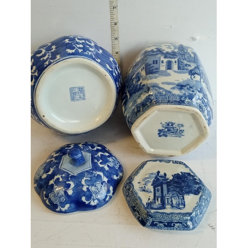 76 - 2 Blue & White Lidded Jars