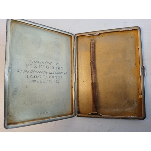 160 - Heavy Solid Silver Cigarette Case Presented to Mr E McGibbon by the Officers & Staff of R.A.O.C. Rec... 