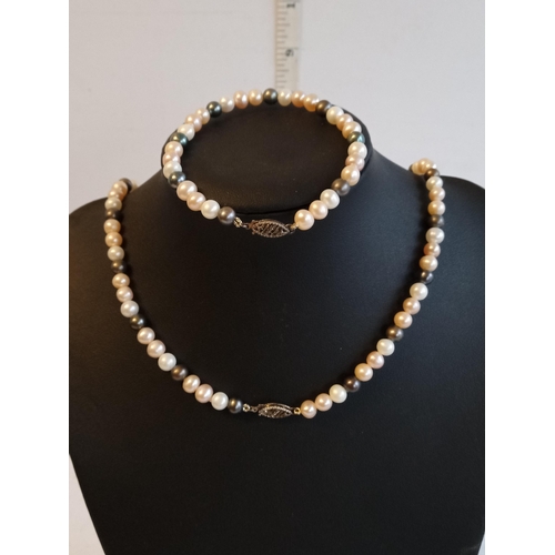 50 - Pearl Necklace & Bracelet Set with Silver Mounts