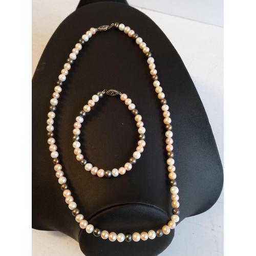 50 - Pearl Necklace & Bracelet Set with Silver Mounts