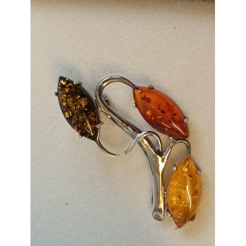 185 - Silver & Amber Brooch in Original Box