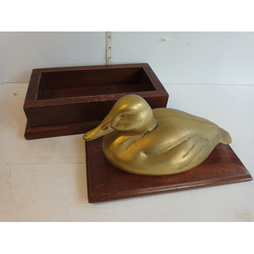 46 - Wooden Box with Large Heavy Brass Duck