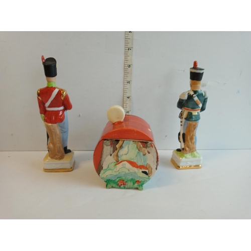 30 - 2 Military Figures & Clarice Cliff Mustard Pot