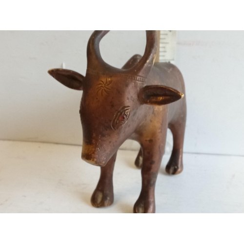 216 - 19th Century Indian Bronze Sacred Bull/Cow with Glass Eyes and Lovely Patina