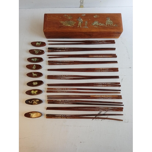 28 - Box of Chop Sticks & Rests, Inlaid with Mother of Pearl.( Box as found)