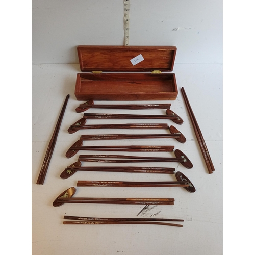 28 - Box of Chop Sticks & Rests, Inlaid with Mother of Pearl.( Box as found)