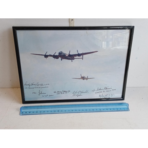 112 - Rare Picture of Lancaster Bomber & Hurricane .Signed By Various Pilots Inc Arthur Atkinson