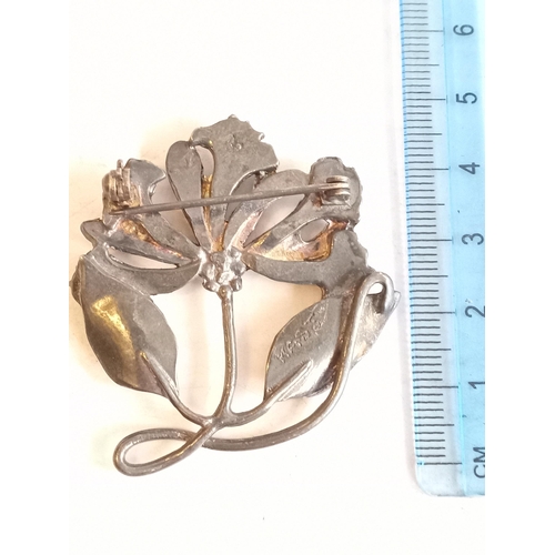 22 - White Metal Flower Brooch Marked MASJ