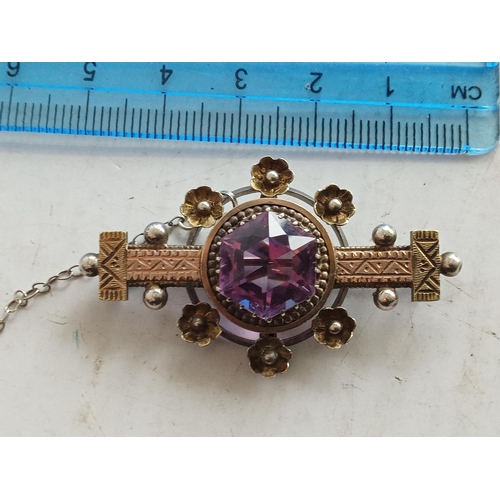 25 - Victorian Silver & 9ct Gold Brooch with Huge Amethyst