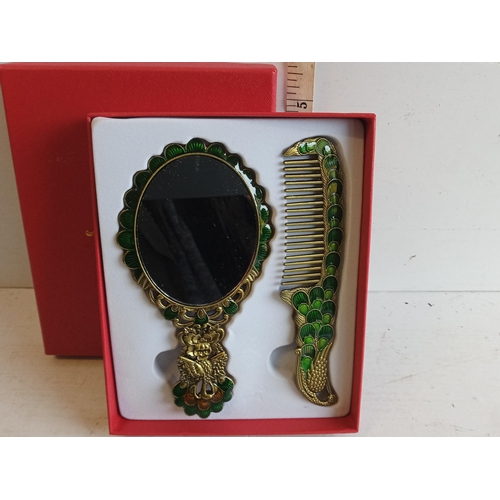 297 - Lovely Peacock Design Comb & Mirror in Fitted case