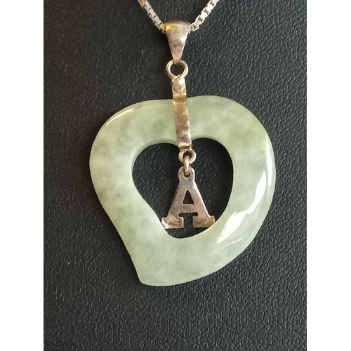 49 - Jade Heart Pendant with Silver A Initial & Silver Chain