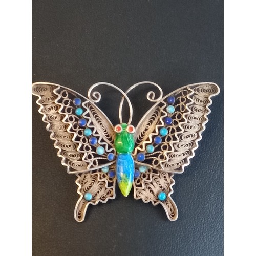 46 - Elegant Brooch with Enamel turquoise Butterfly Set in Silver, from 1970's