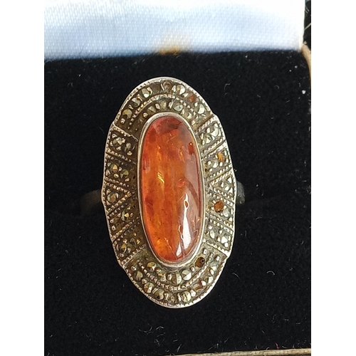 133 - Vintage Art Deco 925 Silver ,Carnelian& Marcasite Ring, Oval Navette , size O