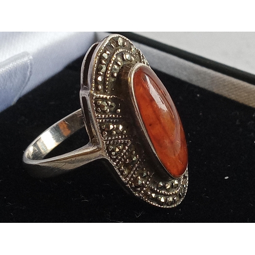 133 - Vintage Art Deco 925 Silver ,Carnelian& Marcasite Ring, Oval Navette , size O