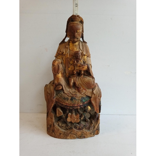 181 - 17th Century Chinese Carved Guanyin with Original Polychrome & Gold Guilt & with Export Seal mark